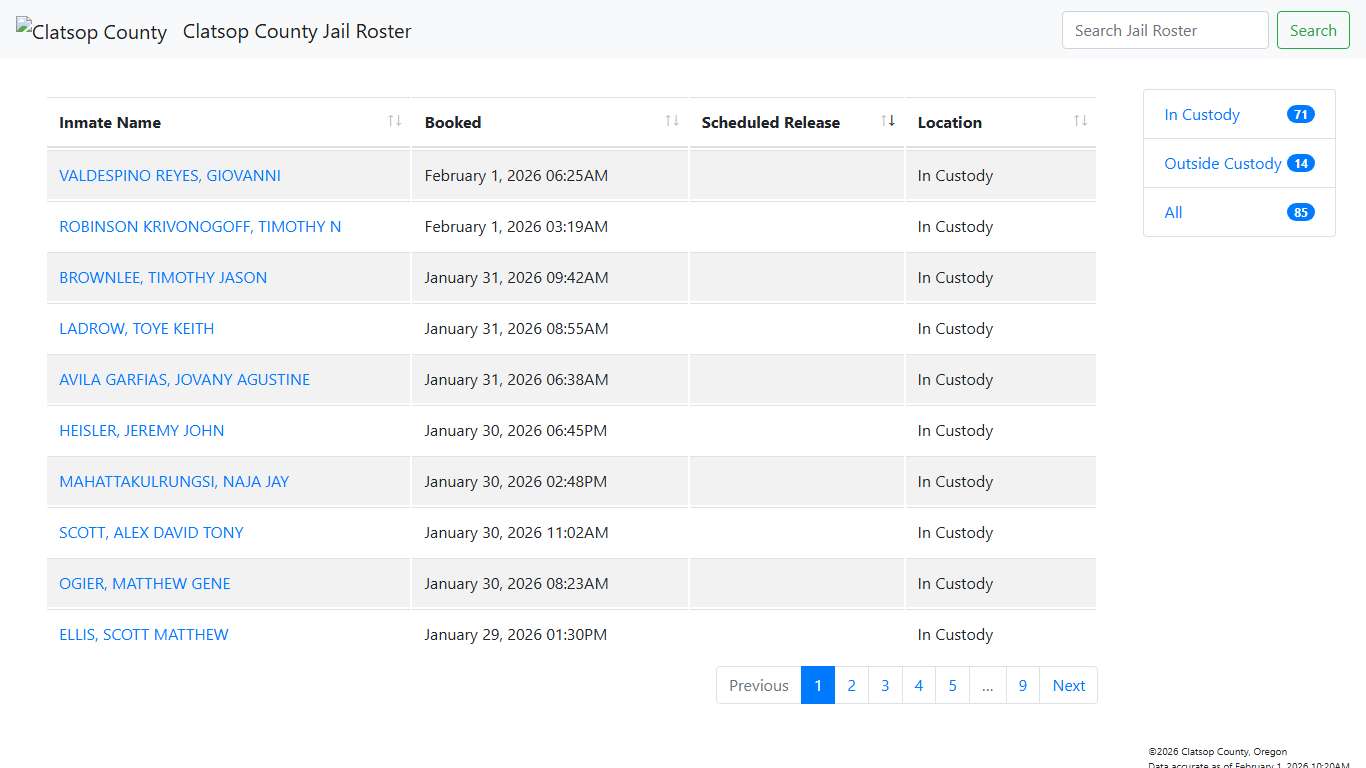 Clatsop County Jail Roster